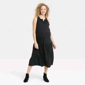 Womens Sleeveless Henley Placket Tiered Maternity Dress Black Polka dots Size XS